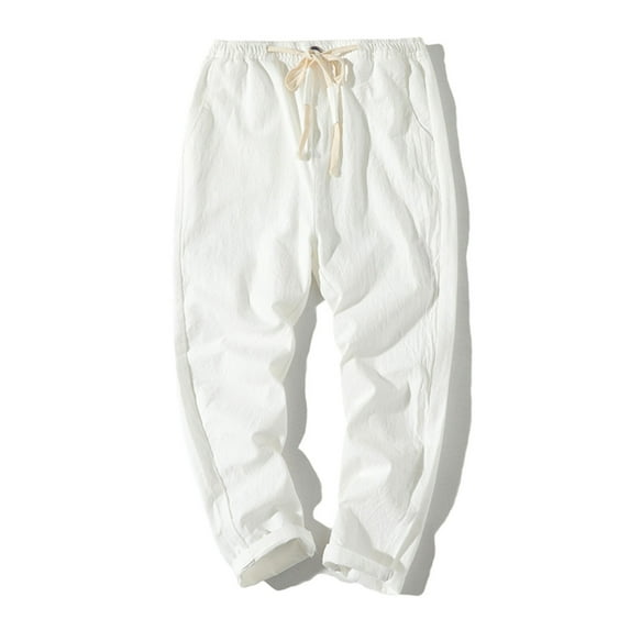 FDGIU Summer Linen Pants for Men - Elastic Waist Straight Leg Beach Pants, Loose Fit Casual Trousers with Drawstring, Lightweight Breathable Suit Pants