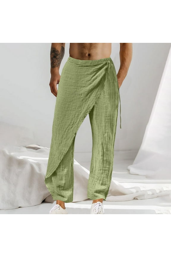 Summer Linen Pants for Men - Elastic Waist Straight Leg Beach Pants, Loose Fit Casual Trousers with Drawstring, Lightweight Breathable Suit Pants