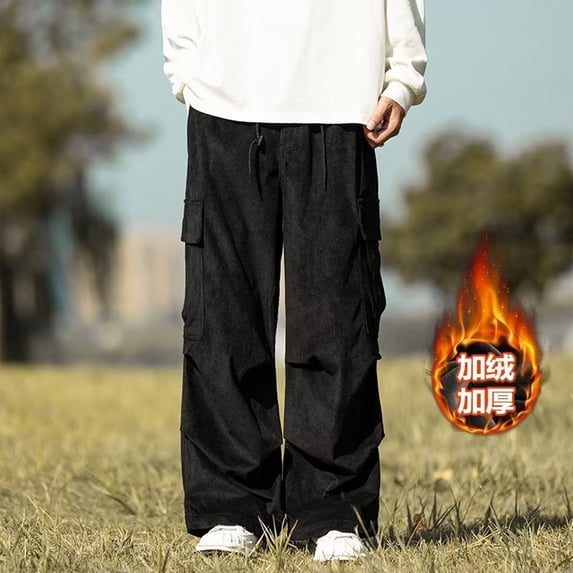 FDGIU Trousers Plus Velvet Man Fashion Fallow Fleecing Pockets Elastic Waist High Waist Straight-leg Workwear Pants Heavyweight Fleece Cargo Pants