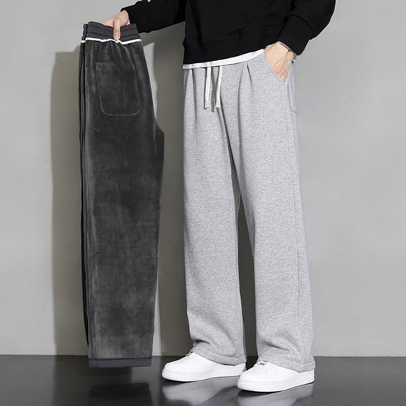 FDGIU Trousers Plus Velvet Man Solid Color Fleecing Pockets Drawstring Straight Barrel Loose Sweatpants Heavyweight Fleece Cargo Pants