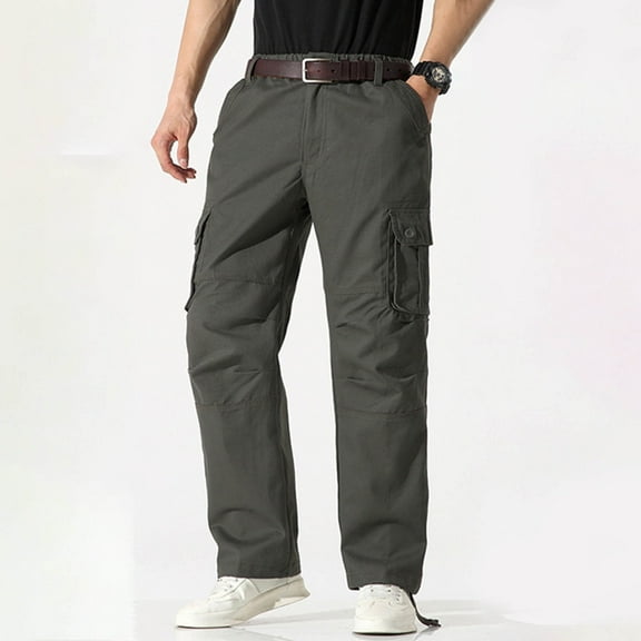 FDGIU Trousers Plus Velvet Men's Fashion Casual Solid Color Cargo Zipper Pockets Elastic Waist Full Length Pants Heavyweight Fleece Cargo Pants