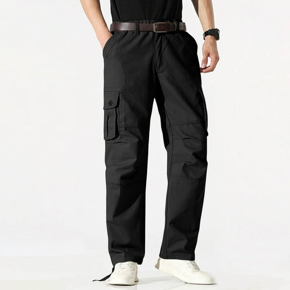 FDGIU Trousers Plus Velvet Men's Fashion Casual Solid Color Cargo Zipper Pockets Elastic Waist Full Length Pants Heavyweight Fleece Cargo Pants