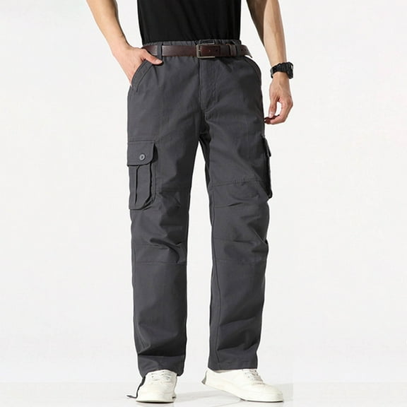FDGIU Trousers Plus Velvet Men's Fashion Casual Solid Color Cargo Zipper Pockets Elastic Waist Full Length Pants Heavyweight Fleece Cargo Pants