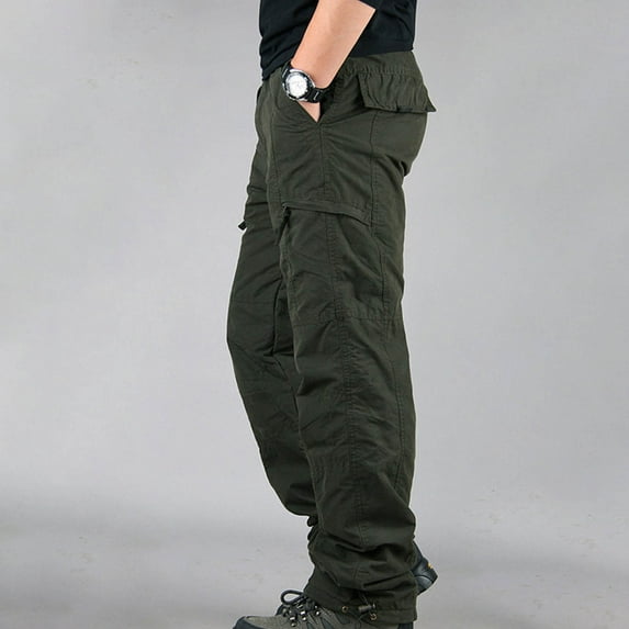 FDGIU Trousers Plus Velvet Men's Fashion Casual Solid Color Cargo Zipper Pockets Elastic Waist Full Length Pants Heavyweight Fleece Cargo Pants