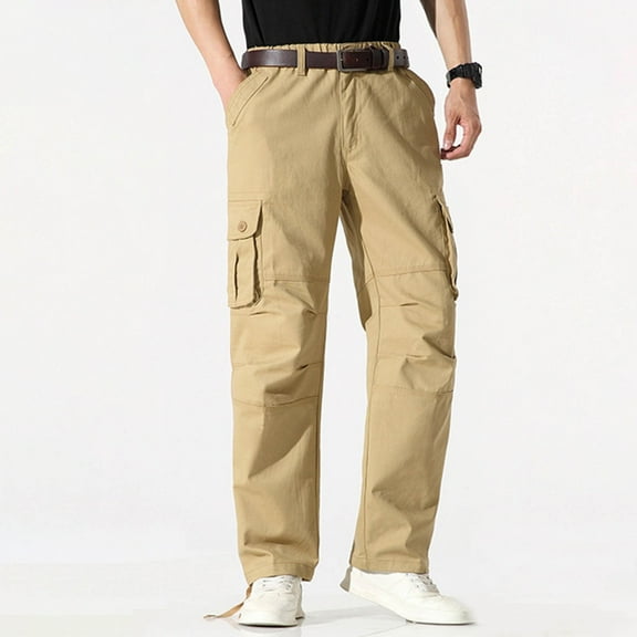 FDGIU Trousers Plus Velvet Men's Fashion Casual Solid Color Cargo Zipper Pockets Elastic Waist Full Length Pants Heavyweight Fleece Cargo Pants