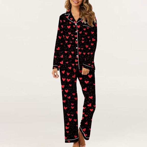 FDGIU Valentine's Day Sleepwear for Women - 2 Piece Long Sleeve Pajama Set with Heart Print Top Comfy Loungewear Set