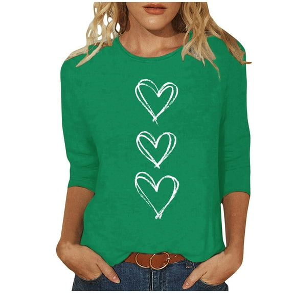 FDGIU Valentines Tops for Women Plus Size - 3/4 Sleeve Heart Print Tee Soft Basic T-Shirt