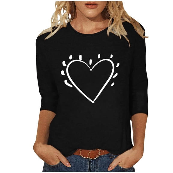 FDGIU Valentines Tops for Women Plus Size - 3/4 Sleeve Heart Print Tee Soft Basic T-Shirt