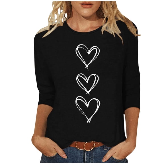 FDGIU Valentines Tops for Women Plus Size - 3/4 Sleeve Heart Print Tee Soft Basic T-Shirt