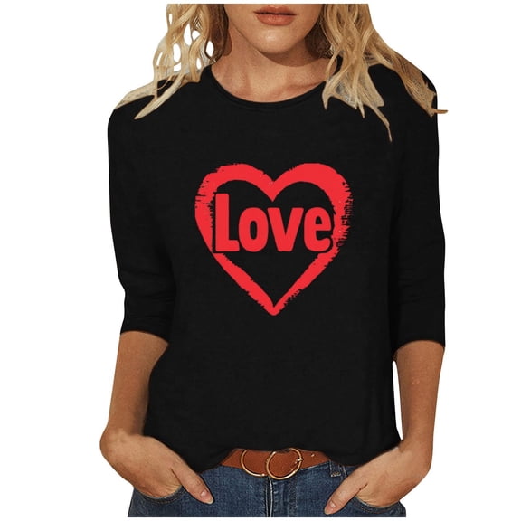 FDGIU Valentines Tops for Women Plus Size - 3/4 Sleeve Heart Print Tee Soft Basic T-Shirt