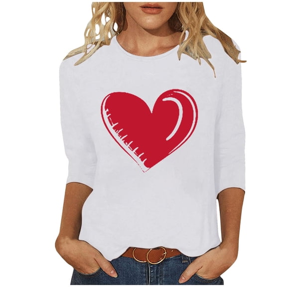 FDGIU Valentines Tops for Women Plus Size - 3/4 Sleeve Heart Print Tee Soft Basic T-Shirt