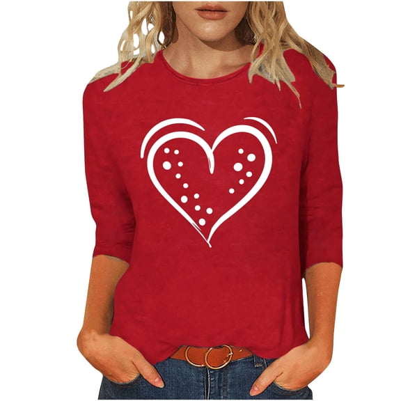 FDGIU Valentines Tops for Women Plus Size - 3/4 Sleeve Heart Print Tee Soft Basic T-Shirt