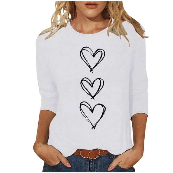 FDGIU Valentines Tops for Women Plus Size - 3/4 Sleeve Heart Print Tee Soft Basic T-Shirt
