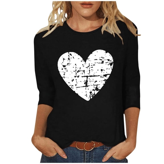 FDGIU Valentines Tops for Women Plus Size - 3/4 Sleeve Heart Print Tee Soft Basic T-Shirt