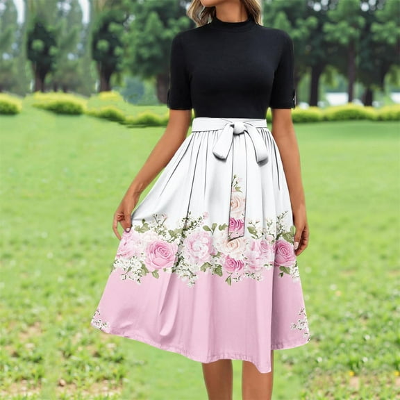 FDGIU Vintage A-Line Skirt - Women's High Waist Pleated Midi Skirt with Pockets (Polka Dot, Rockabilly Style)