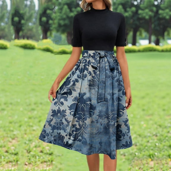 FDGIU Vintage A-Line Skirt - Women's High Waist Pleated Midi Skirt with Pockets (Polka Dot, Rockabilly Style)