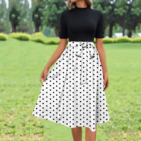 FDGIU Vintage A-Line Skirt - Women's High Waist Pleated Midi Skirt with Pockets (Polka Dot, Rockabilly Style)