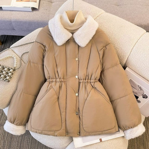 FDGIU Winter Jackets for Women Insulated Coat Women's Winter Casual Waist Thickened Long-sleeved Lapel Jacket