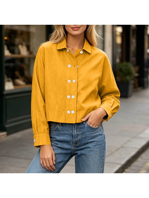 Women Collared Cropped Button Down Shirt Long Sleeve Double Row Buttons Drop Shoulder Loose Fit Blouse for Casual Daily Wear