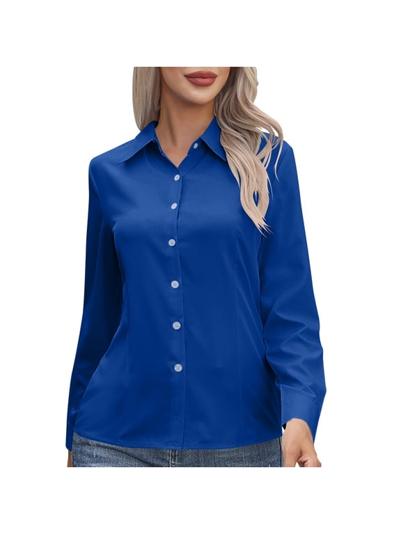 Women Collared Fitted Button Down Blouse Long Sleeve Point Cuff Straight Hem Shirt for Business Office Work Commute Interview Casual Daily Wear