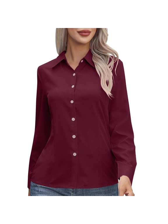 Women Collared Fitted Button Down Blouse Long Sleeve Point Cuff Straight Hem Shirt for Business Office Work Commute Interview Casual Daily Wear