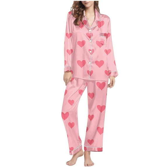 FDGIU Women Cute Heart Print Pajamas - 2 Piece Set Long Sleeve Sleepwear Button Down