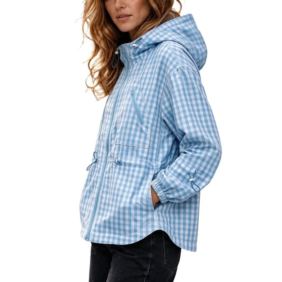 FDGIU Women Gingham Zip Up Jacket Collared Long Sleeve Drawstring Hem Casual Plaid Outerwear, Fall Lightweight Checkered Bomber Style Coat