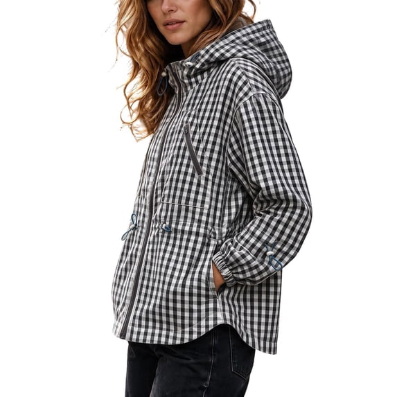 FDGIU Women Gingham Zip Up Jacket Collared Long Sleeve Drawstring Hem Casual Plaid Outerwear, Fall Lightweight Checkered Bomber Style Coat