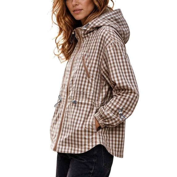 FDGIU Women Gingham Zip Up Jacket Collared Long Sleeve Drawstring Hem Casual Plaid Outerwear, Fall Lightweight Checkered Bomber Style Coat
