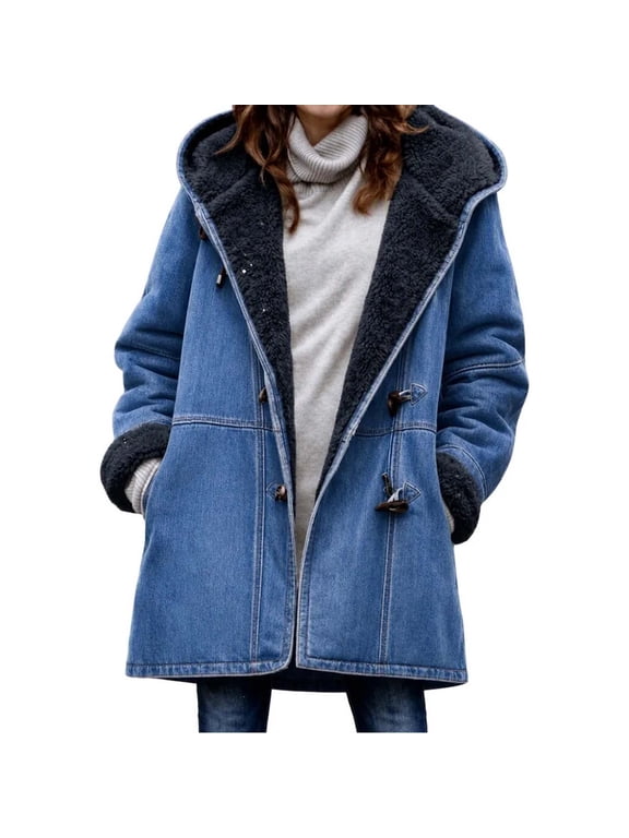 Women Hooded Sherpa Lined Denim Coat Long Sleeve Toggle Button Mid Length Warm Winter Jean Jacket Casual Outerwear