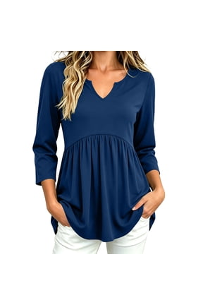Women Notched V‑Neck 3/4 Sleeve Empire Waist Tunic Top Curved Hem Loose Fit Flowy Blouse for Office Work Vacation Casual Daily Wear