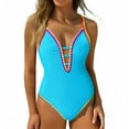 thumbnail image 1 of FDGIU Women OnePiece Swimsuit Deep V Neck Neon Cute Bathing Suit Back Tie Swim Suits, 1 of 6