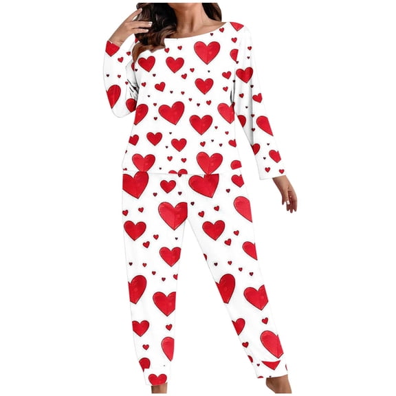 FDGIU Women Plus Size Valentine Pajamas Set - Long Sleeve 2 Piece Sleepwear Holiday Pj’s Loungewear Set