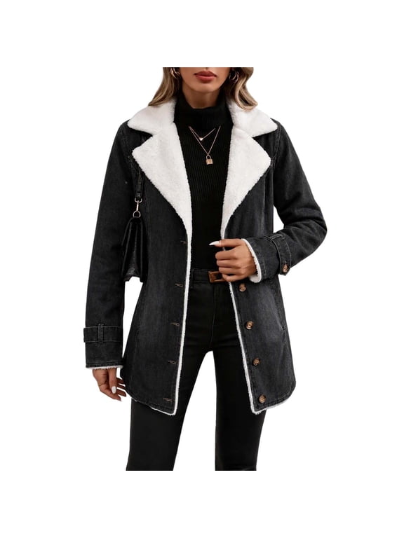 Women Sherpa Lined Denim Coat Long Sleeve Lapel Collar Mid Length Button Down Warm Winter Jean Jacket Casual Outerwear