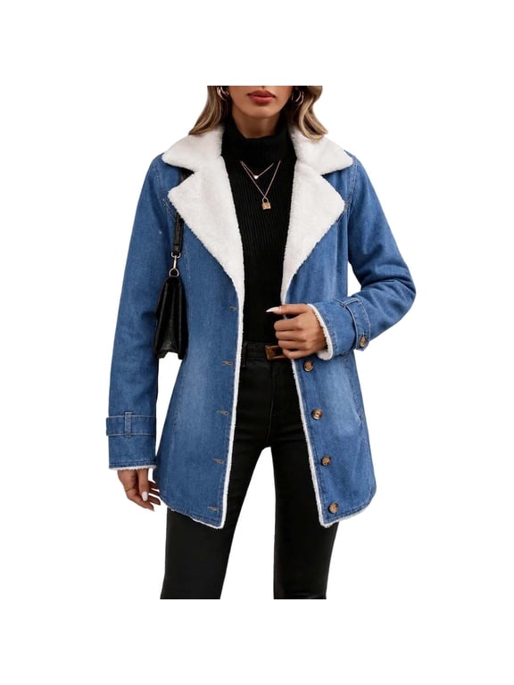 Women Sherpa Lined Denim Coat Long Sleeve Lapel Collar Mid Length Button Down Warm Winter Jean Jacket Casual Outerwear