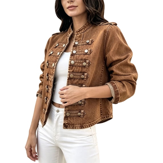 FDGIU Women Stand Collar Denim Jacket Long Sleeve Decorative Button Cropped Casual Jean Outerwear