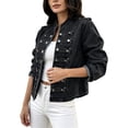 thumbnail image 1 of FDGIU Women Stand Collar Denim Jacket Long Sleeve Decorative Button Cropped Casual Jean Outerwear, 1 of 7