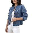 thumbnail image 1 of FDGIU Women Stand Collar Denim Jacket Long Sleeve Decorative Button Cropped Casual Jean Outerwear, 1 of 7