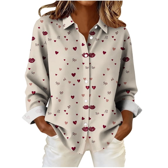 FDGIU Women Valentine's Day Shirt - Long Sleeve Button Down V-Neck Love Heart Graphic Cute Top