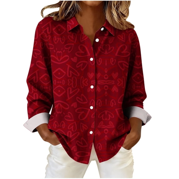 FDGIU Women Valentine's Day Shirt - Long Sleeve Button Down V-Neck Love Heart Graphic Cute Top