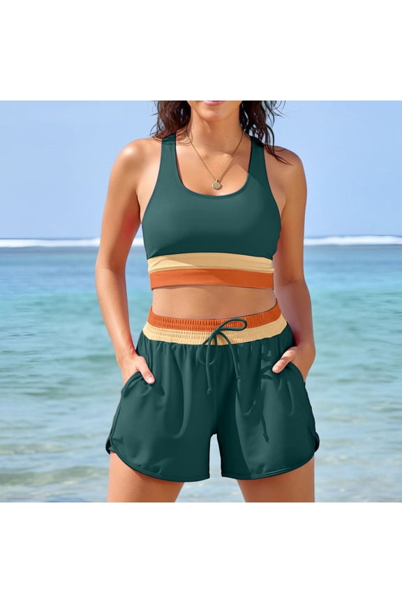 Women's 2 Piece Color Block Tankini Swimsuit, Racerback Tank Top with Drawstring Board Shorts, Quick Dry Bathing Suit with Pockets for Water Sports