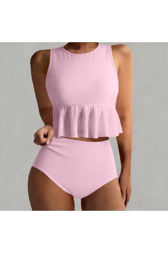 Women's 2 Piece Peplum Tankini Swimsuit, High Neck Sleeveless Ruffle Swim Top with High Waisted Bottom, Solid Tummy Control Bathing Suit for Beach Pool