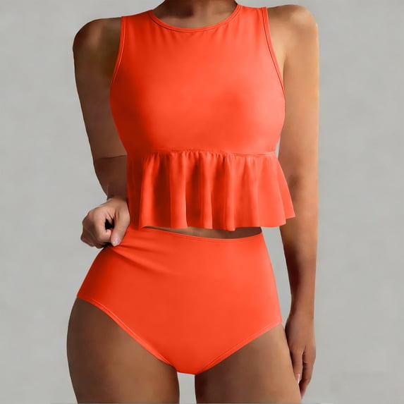 FDGIU Women's 2 Piece Peplum Tankini Swimsuit, High Neck Sleeveless Ruffle Swim Top with High Waisted Bottom, Solid Tummy Control Bathing Suit for Beach Pool