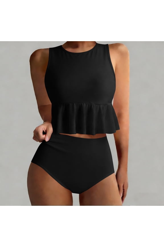 Women's 2 Piece Peplum Tankini Swimsuit, High Neck Sleeveless Ruffle Swim Top with High Waisted Bottom, Solid Tummy Control Bathing Suit for Beach Pool