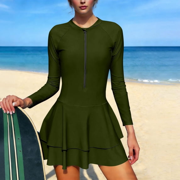 FDGIU Women's 2 Piece Swim Dress Tankini, Long Sleeve Guard Top with Boyshort Bottom, Built-in Bra & Tummy Control, Quick Dry Modest Bathing Suit for Beach Pool