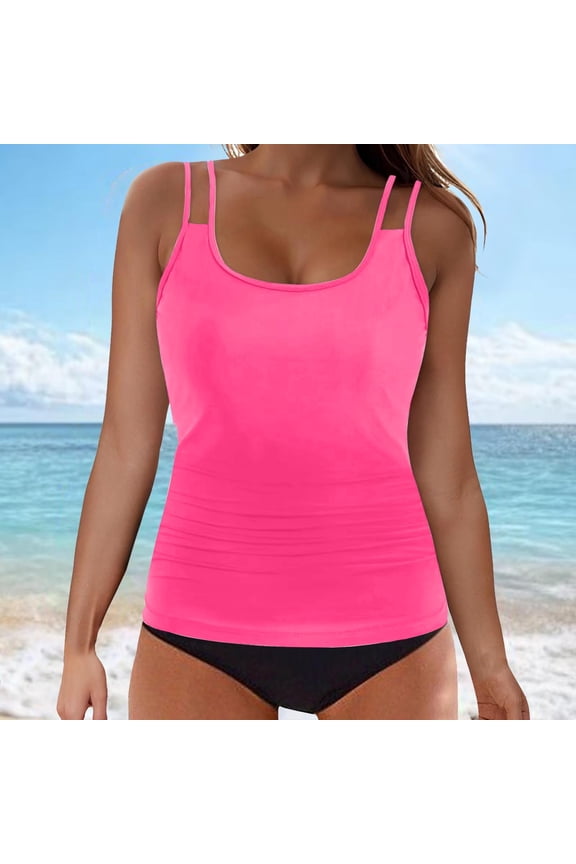 Women's 2 Piece Tankini Swimsuit, Scoop Neck Double Spaghetti Strap Swim Top with Mid Waisted Brief Bottom, Ruched Sides Tummy Control Bathing Suit for Beach Pool