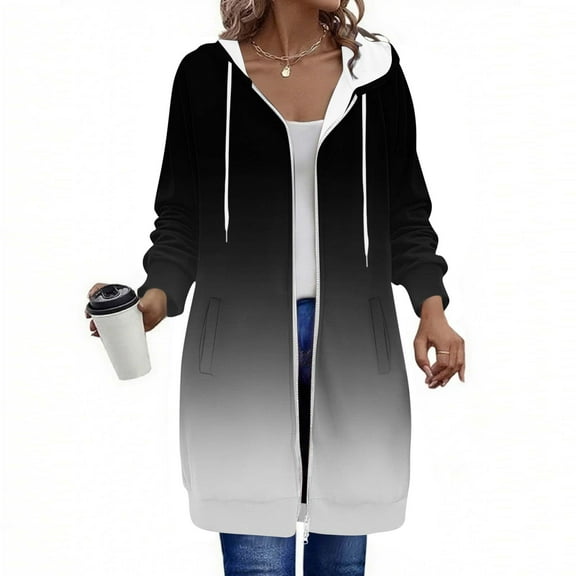 FDGIU Women's 2025 Long Hoodies - Full Zip Tunic Sweatshirt with Pockets, Trendy Fall Casual Outerwear, Open Front Cardigan Style