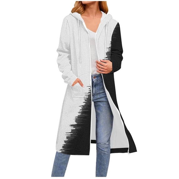 FDGIU Women's 2025 Long Hoodies - Full Zip Tunic Sweatshirt with Pockets, Trendy Fall Casual Outerwear, Open Front Cardigan Style