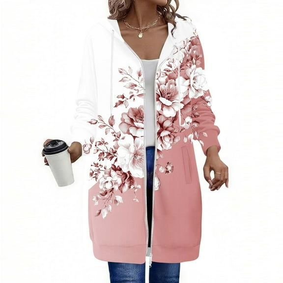 FDGIU Women's 2025 Long Hoodies - Full Zip Tunic Sweatshirt with Pockets, Trendy Fall Casual Outerwear, Open Front Cardigan Style