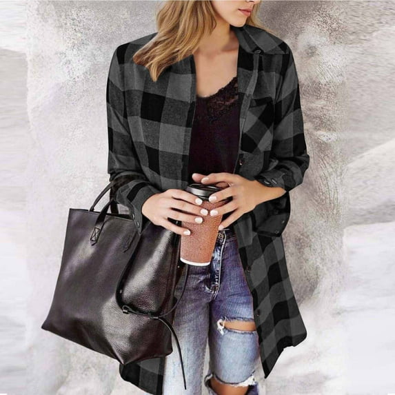 FDGIU Women's 2025 Plaid Shacket - Fleece Hooded Jacket, Warm Button Front Fall Winter Coat,Casual Plaid Fleece Hoodie Jacket